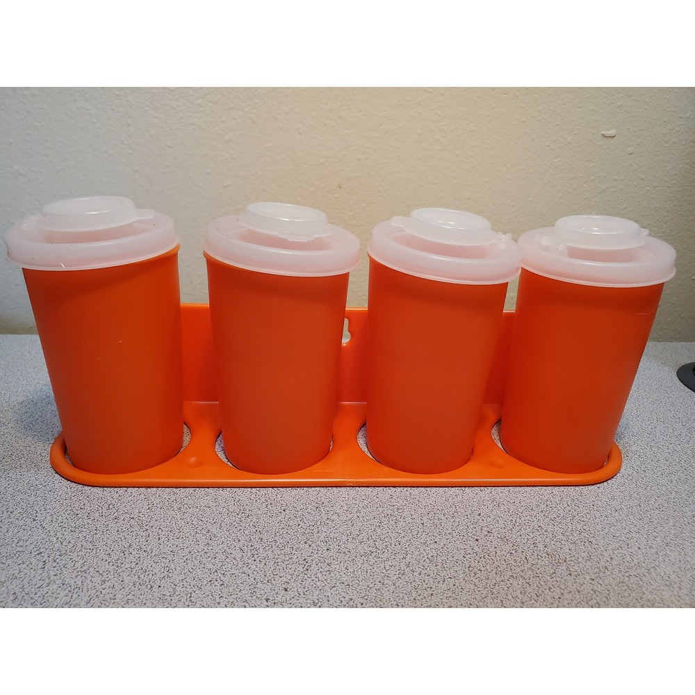 Vintage Tupperware Orange Tumblers Spice set Lids Wall Mount Rack grandmacore